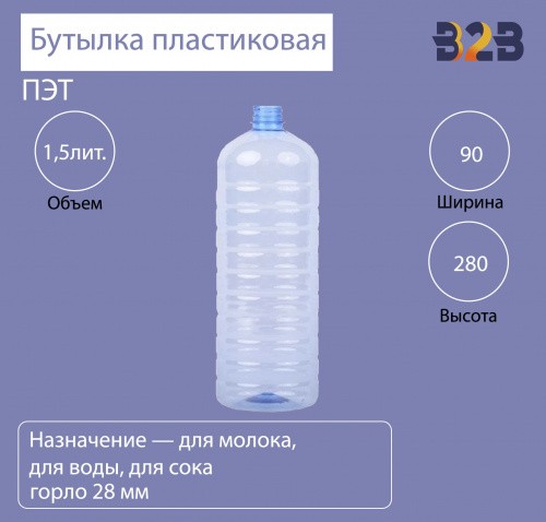Бутылка ПЭТ пластиковая 1,5 литра (1500 мл) голубая, горло 28 мм