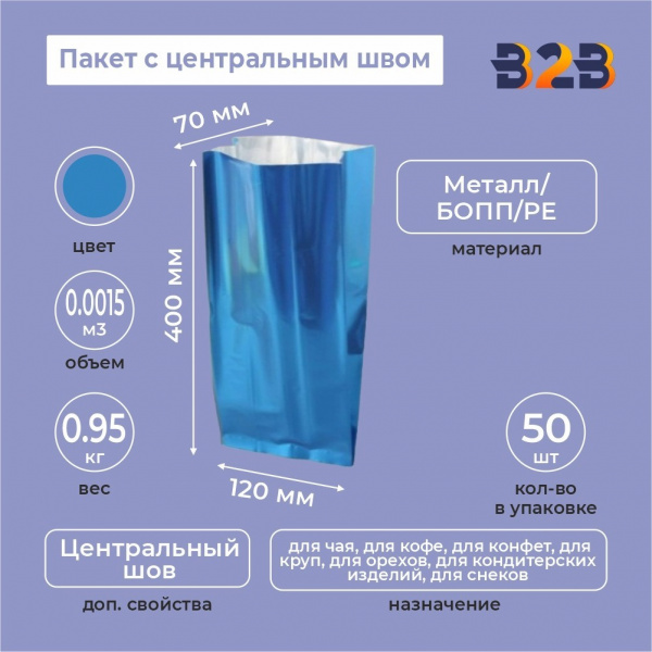 Пакет с центральным швом 120(+70)*400мм, Метал/БОПП/PE, синий матовый